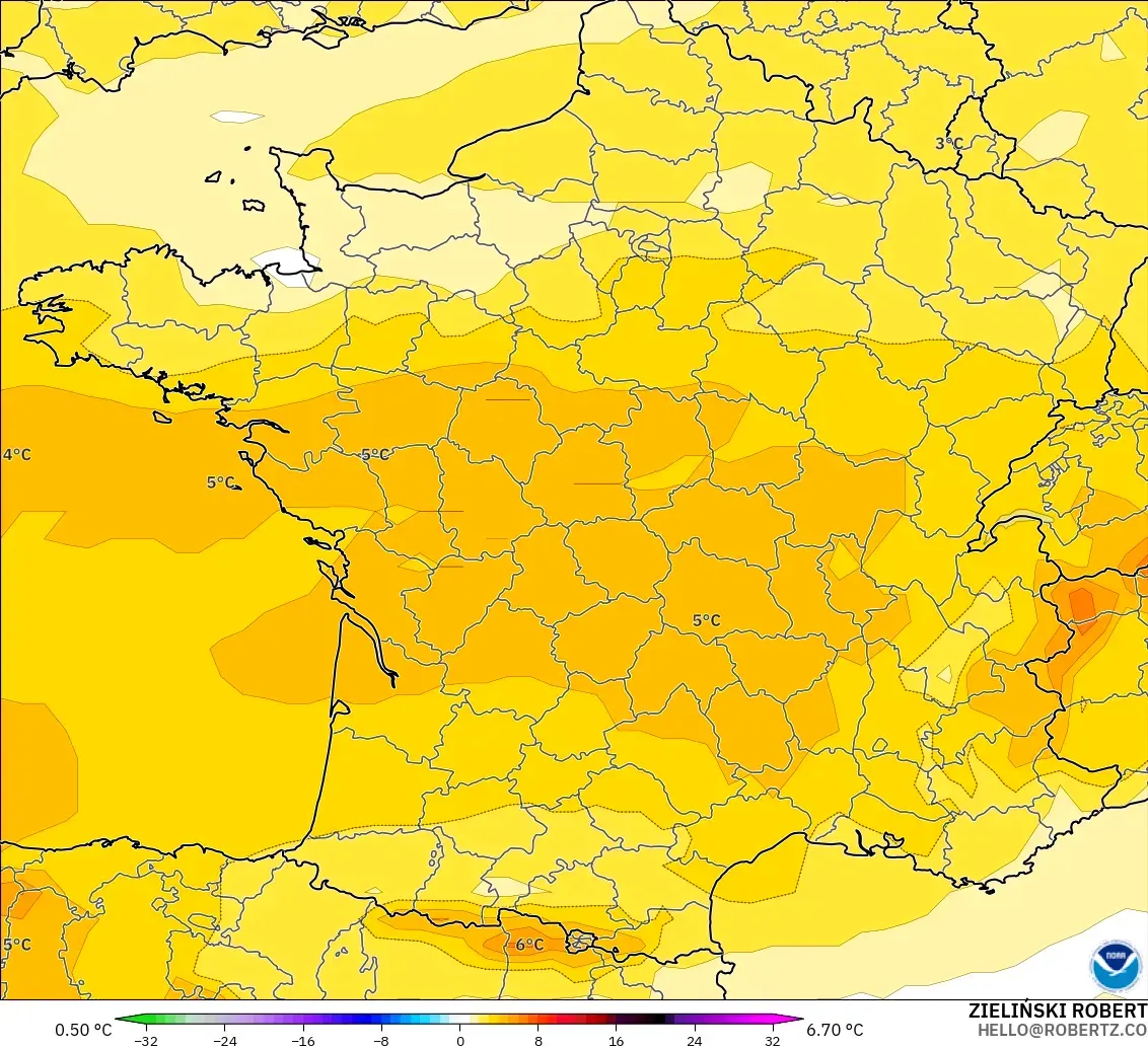 GFS modelo - França, Anomalia de temperatura a 850 hPa