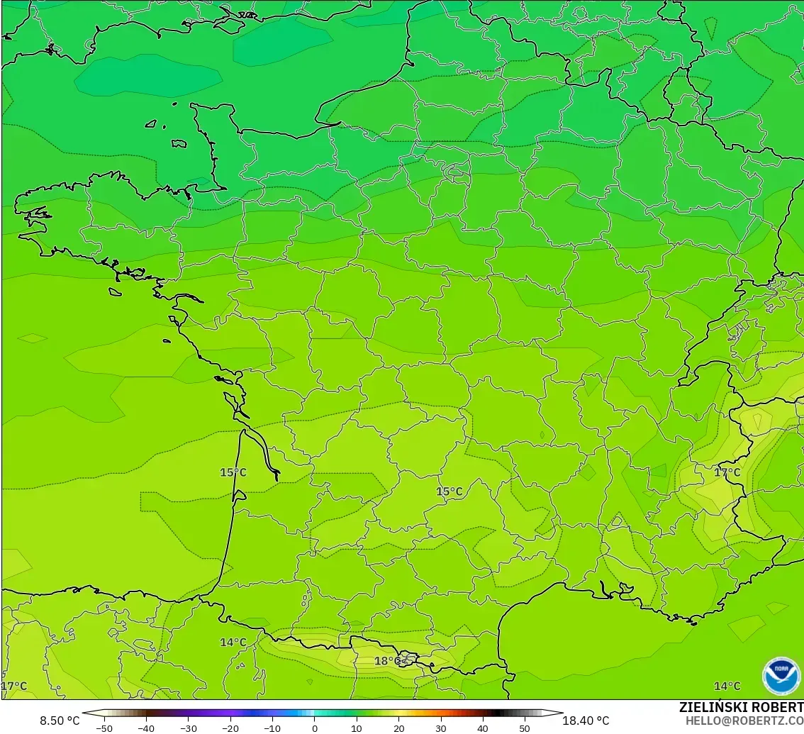 GFS modelo - França, Temperatura a 850 hPa