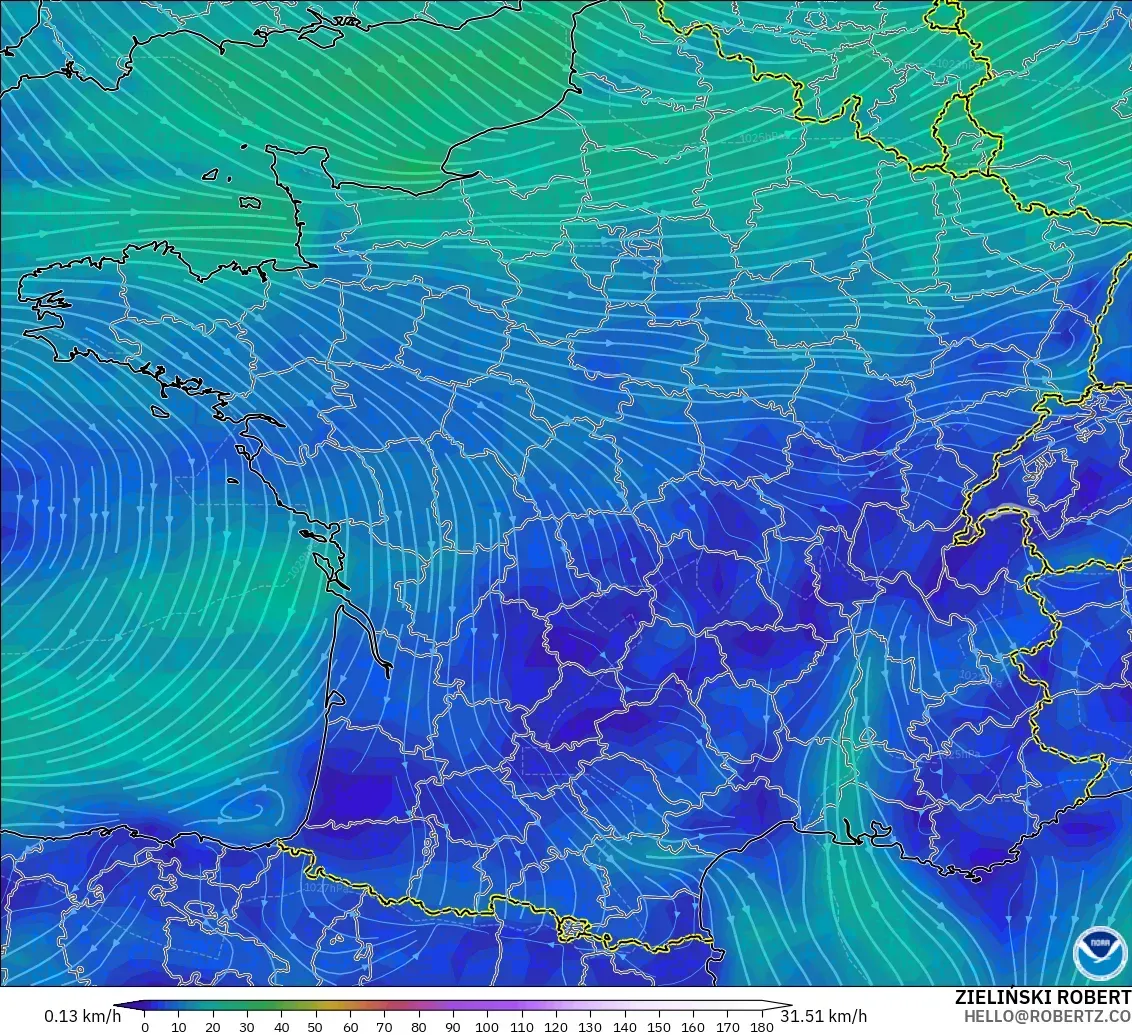 GFS modelo - França, Vento a 10 m