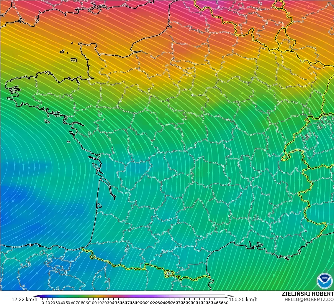 GFS modelo - França, Vento a 300 hPa (corrente em jato)