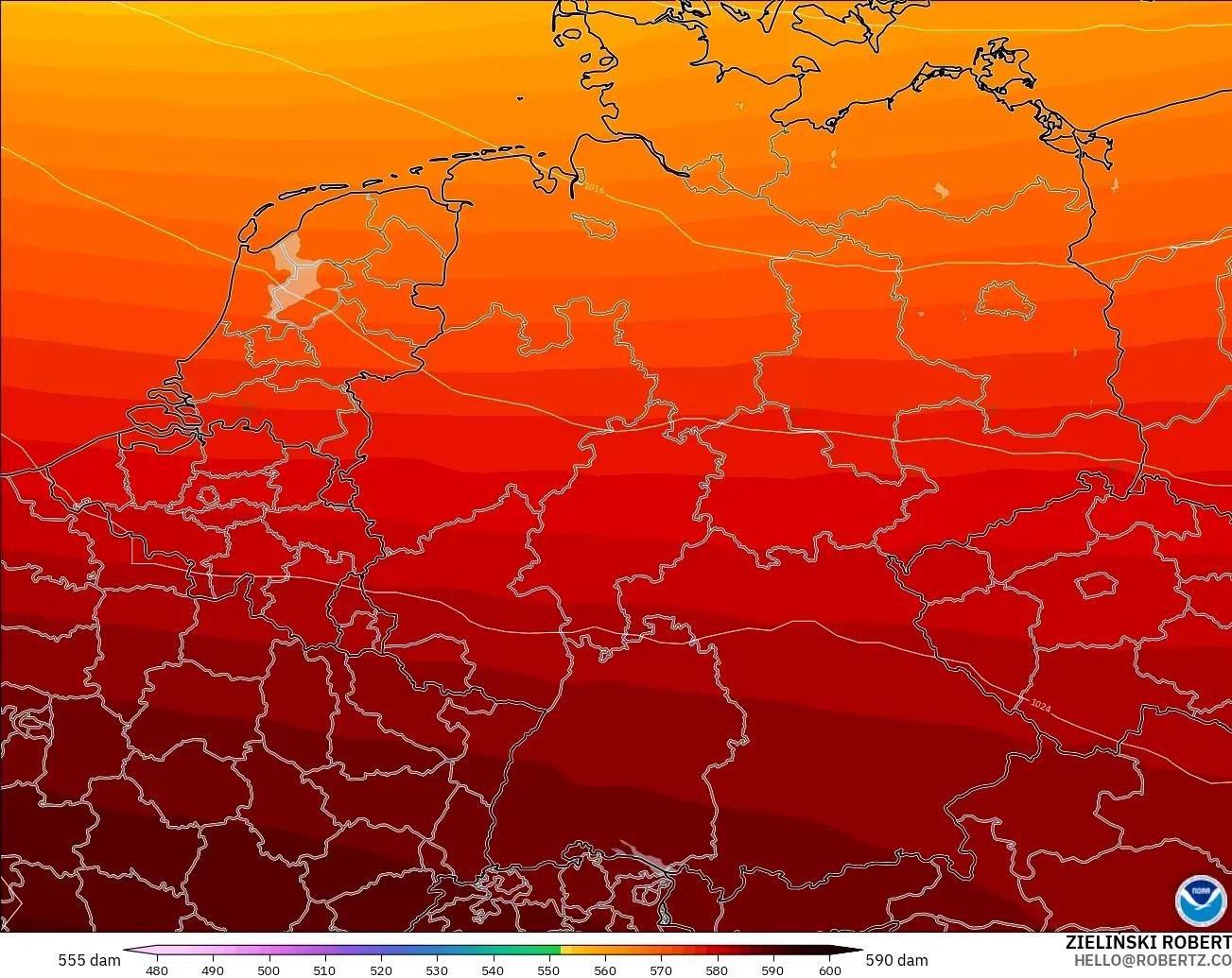 GFS modelo - Alemanha, Altura geopotencial a 500 hPa