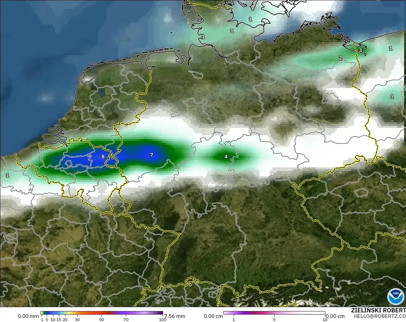 GFS modelo - Alemanha, Precipitação, nuvens e pressão