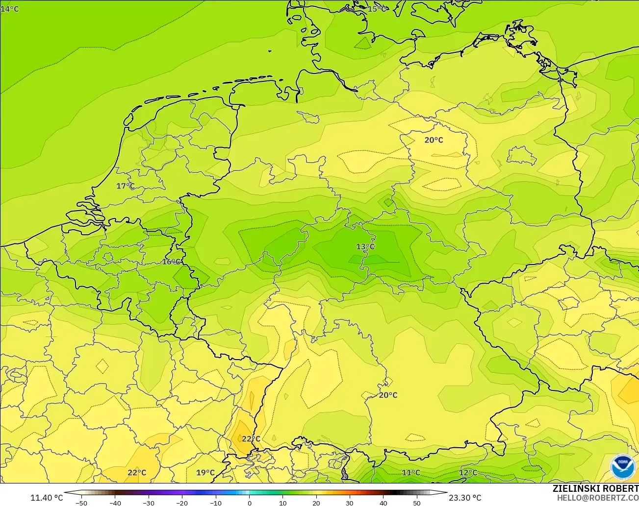 GFS modelo - Alemanha, Temperatura a 2 m