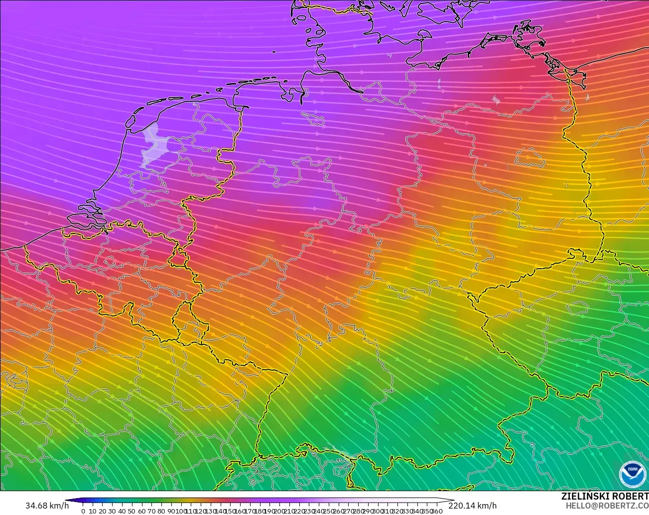 GFS modelo - Alemanha, Vento a 300 hPa (corrente em jato)