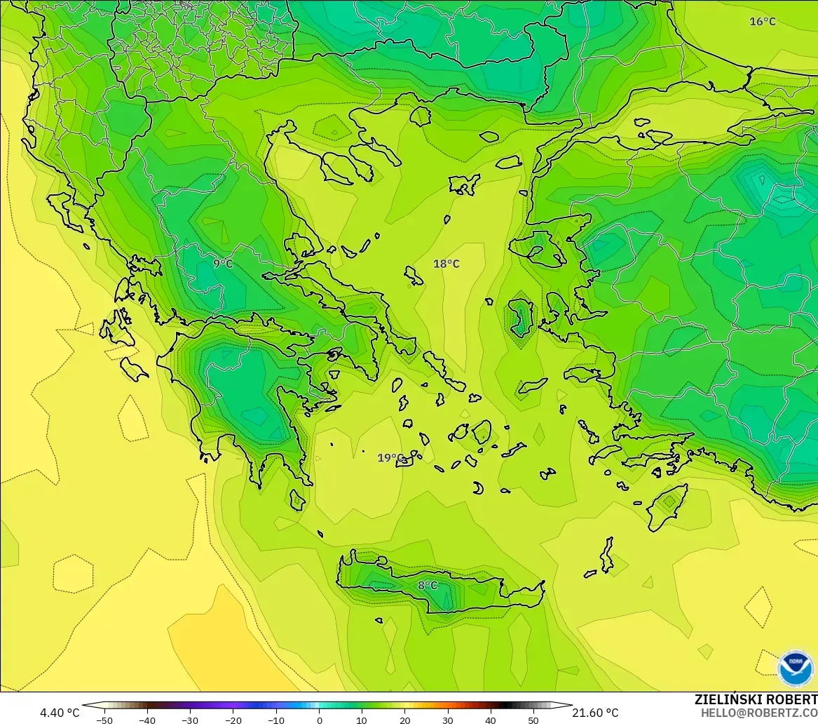 GFS modelo - Grécia, Ponto de orvalho a 2 m