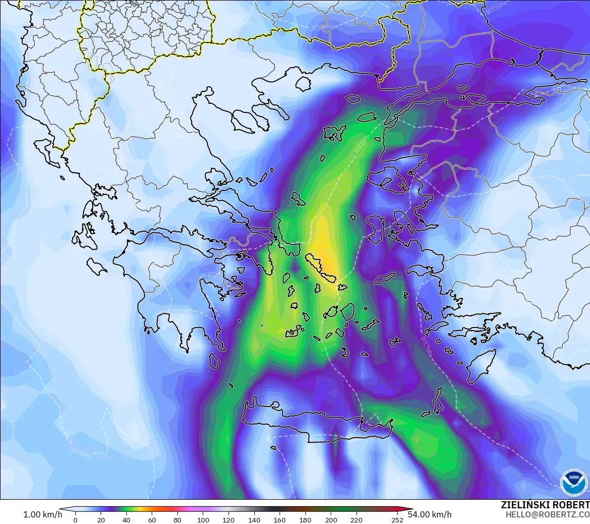 GFS modelo - Grécia, Rajadas de Vento Máximas