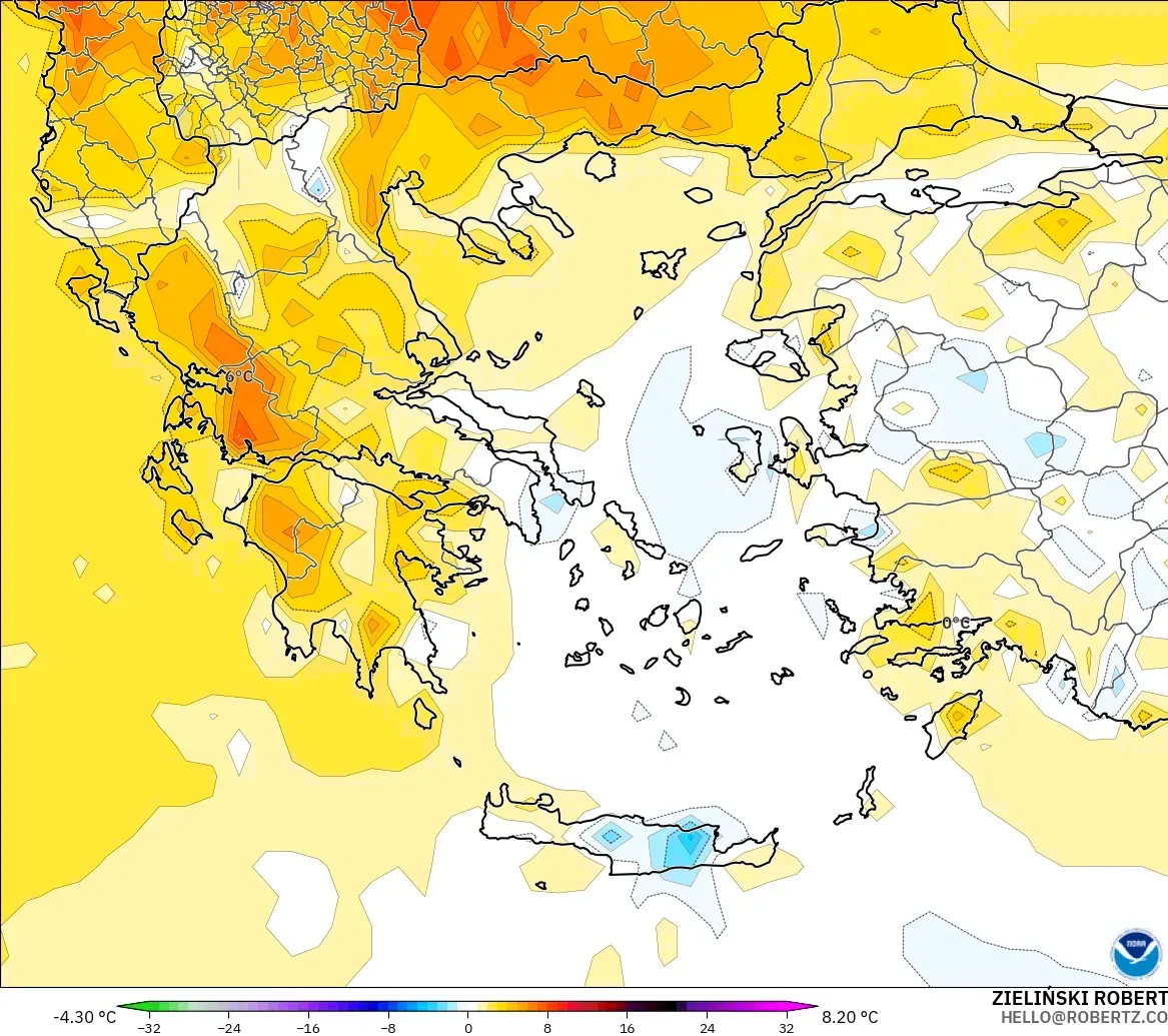 GFS modelo - Grécia, Anomalia de temperatura a 2 m