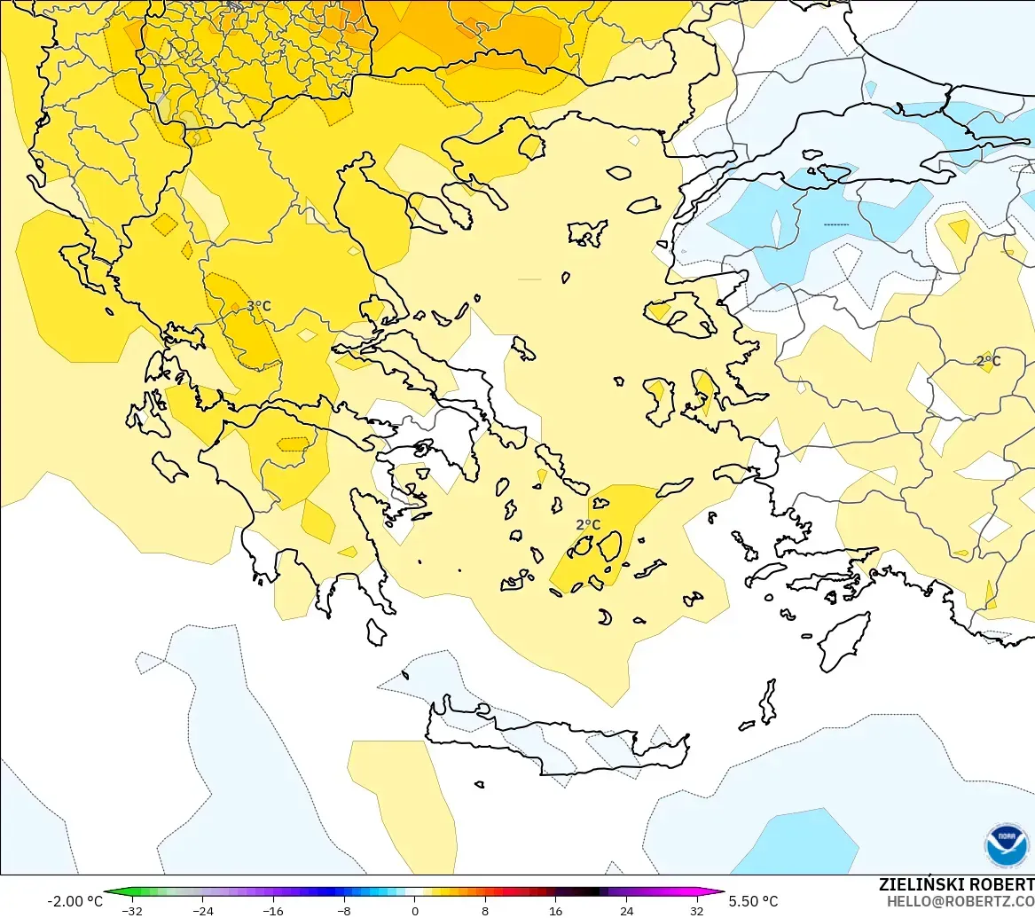 GFS modelo - Grécia, Anomalia de temperatura a 850 hPa