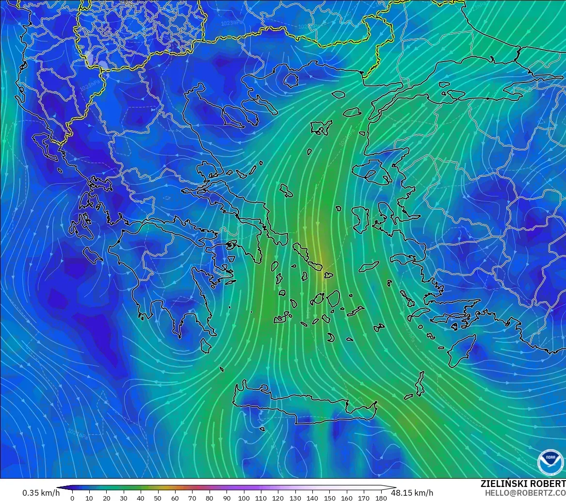 GFS modelo - Grécia, Vento a 10 m