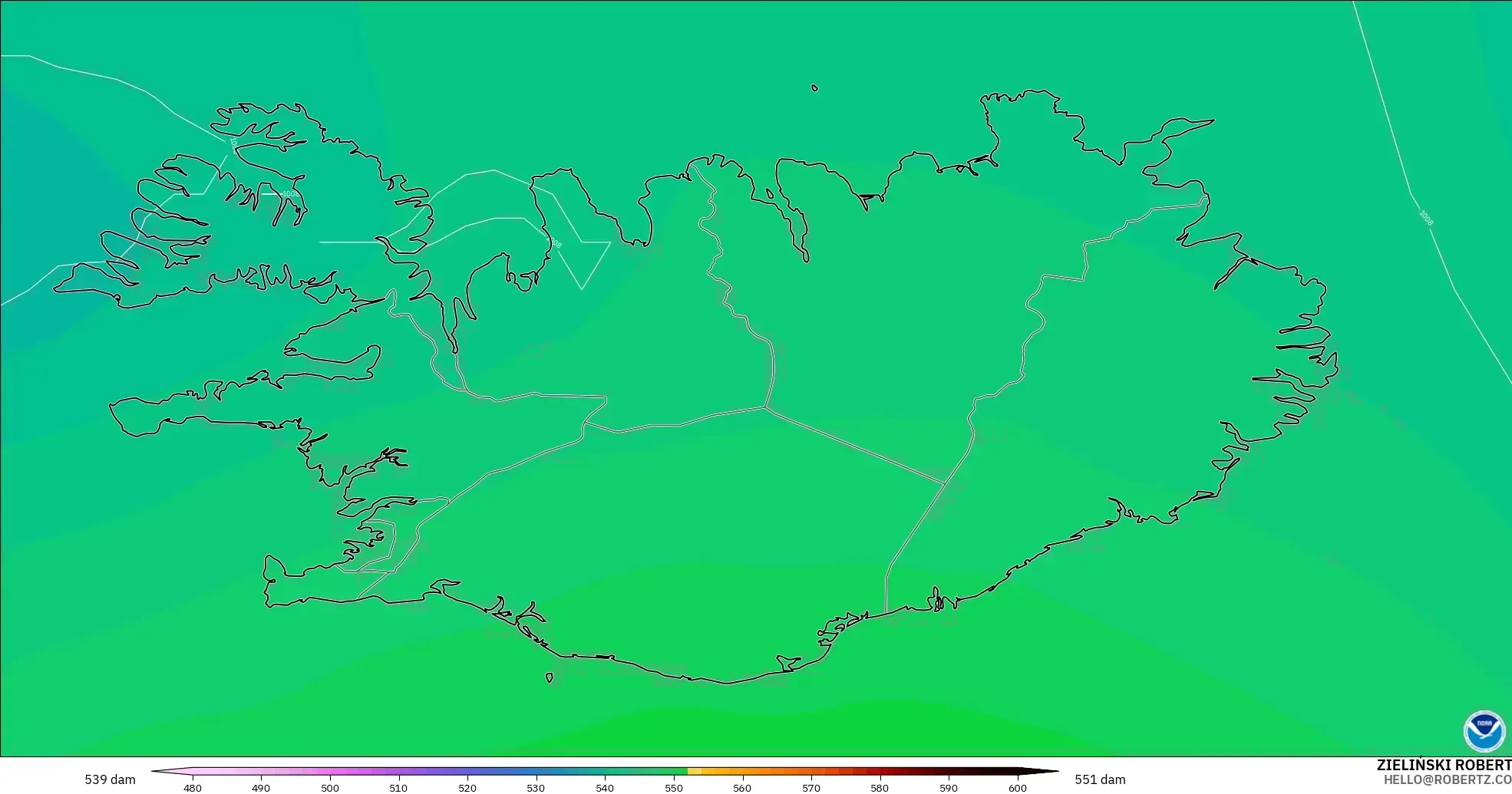 GFS modelo - Islândia, Altura geopotencial a 500 hPa