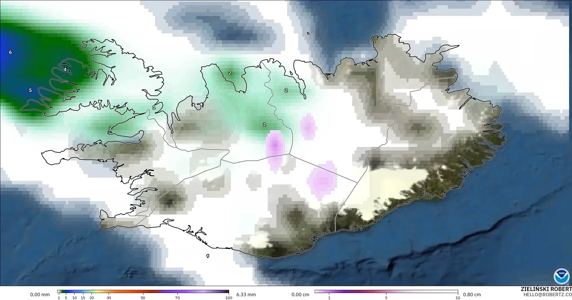 GFS modelo - Islândia, Precipitação, nuvens e pressão