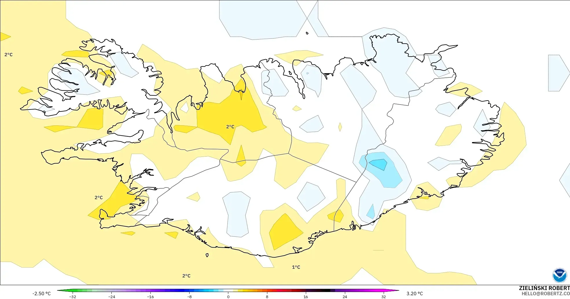 GFS modelo - Islândia, Anomalia de temperatura a 2 m