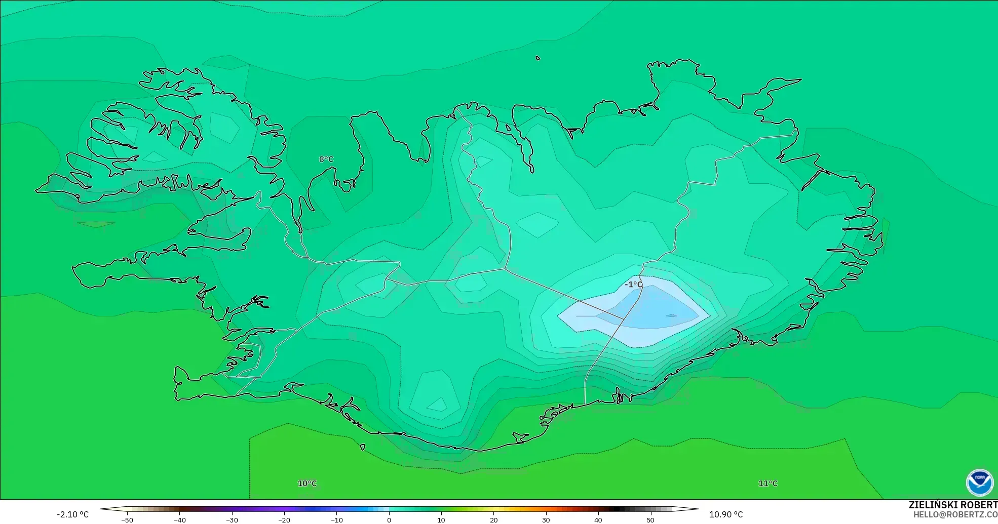 GFS modelo - Islândia, Temperatura a 2 m