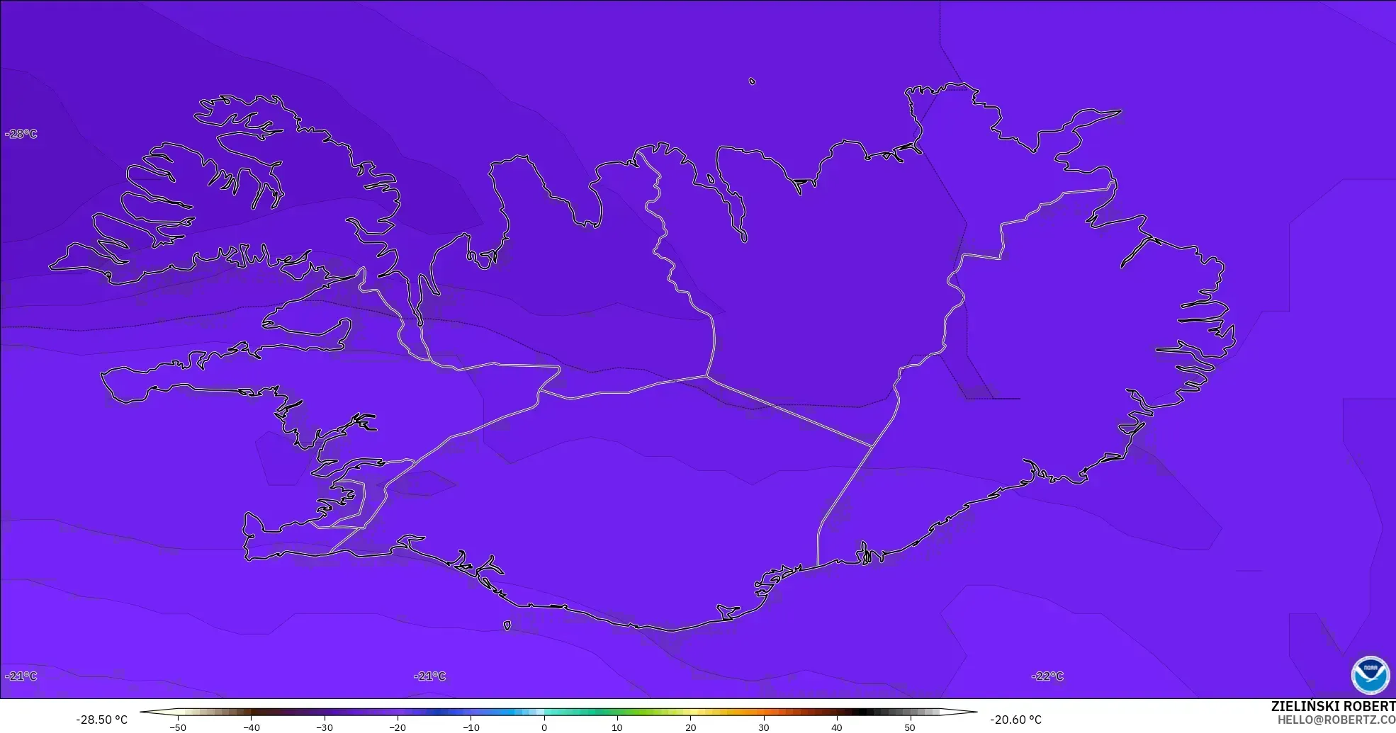 GFS modelo - Islândia, Temperatura a 500 hPa
