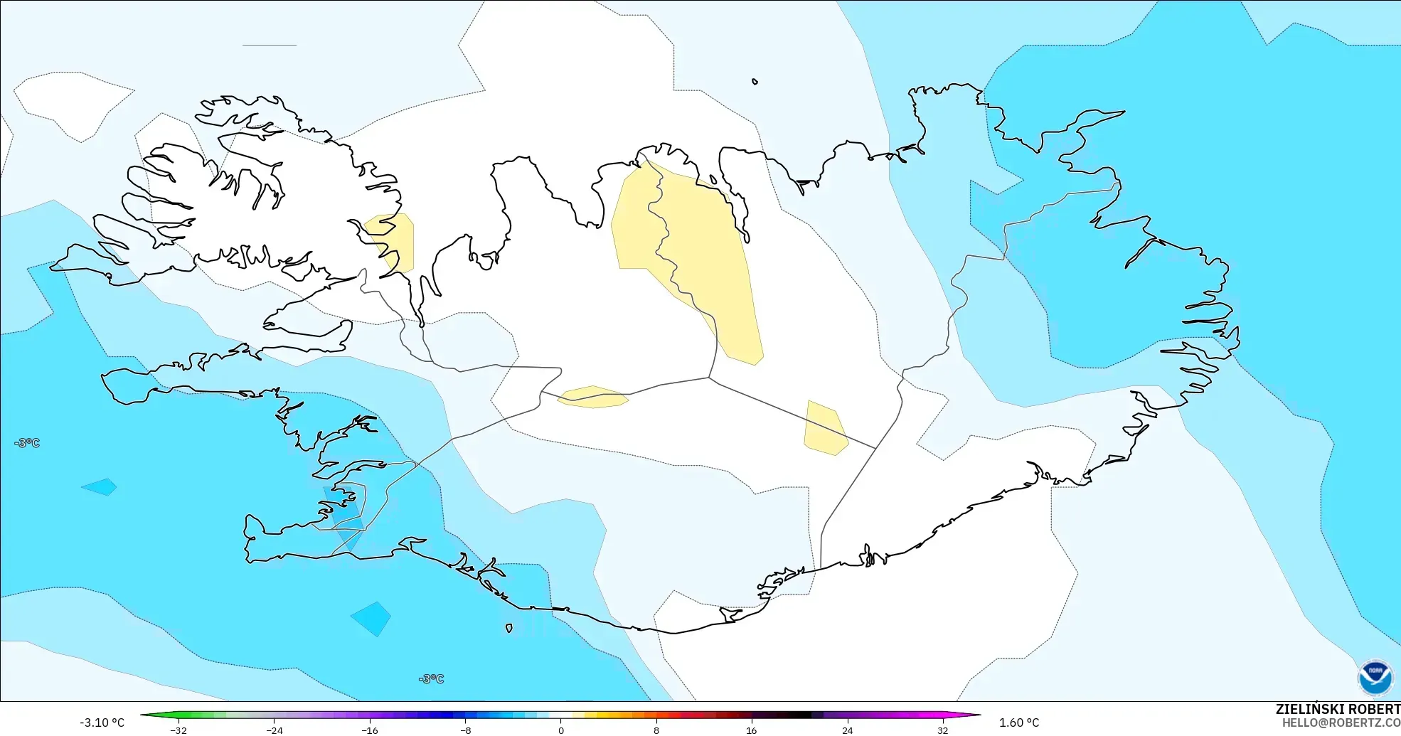 GFS modelo - Islândia, Anomalia de temperatura a 850 hPa