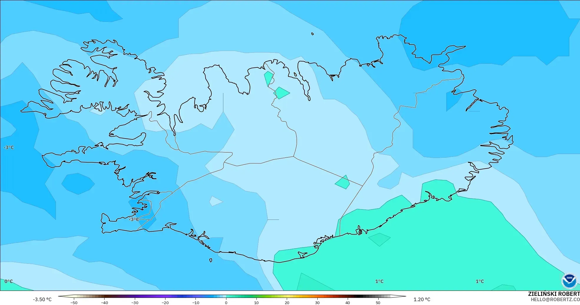 GFS modelo - Islândia, Temperatura a 850 hPa