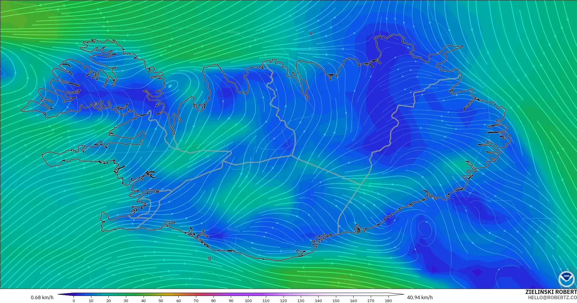 GFS modelo - Islândia, Vento a 10 m