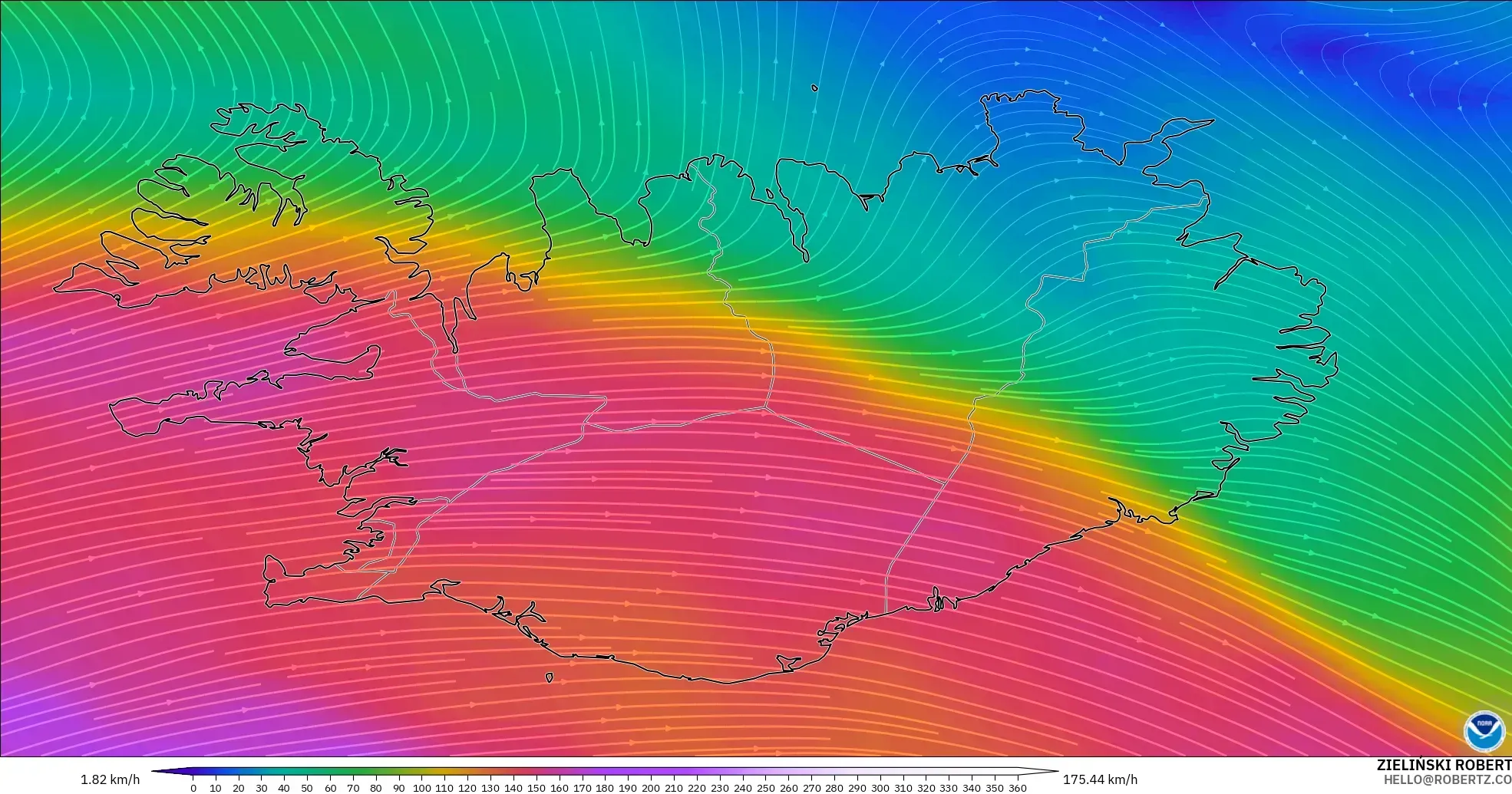 GFS modelo - Islândia, Vento a 300 hPa (corrente em jato)