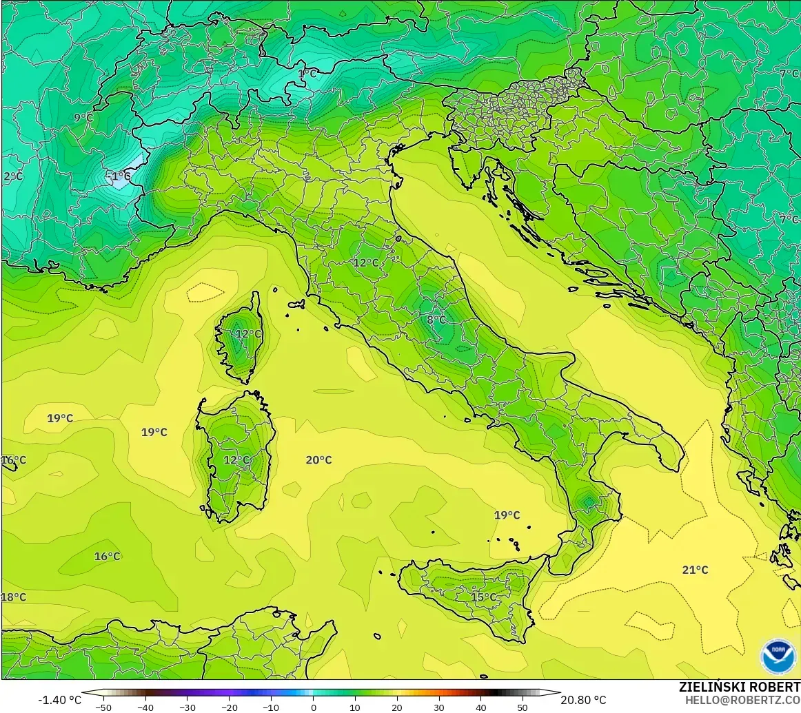GFS modelo - Itália, Ponto de orvalho a 2 m