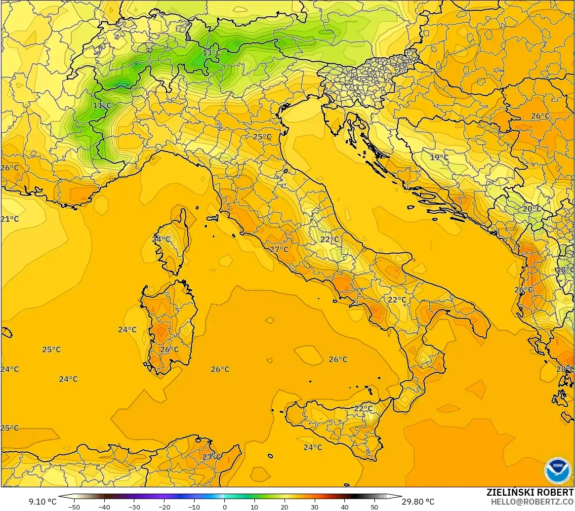 GFS modelo - Itália, Temperatura a 2 m