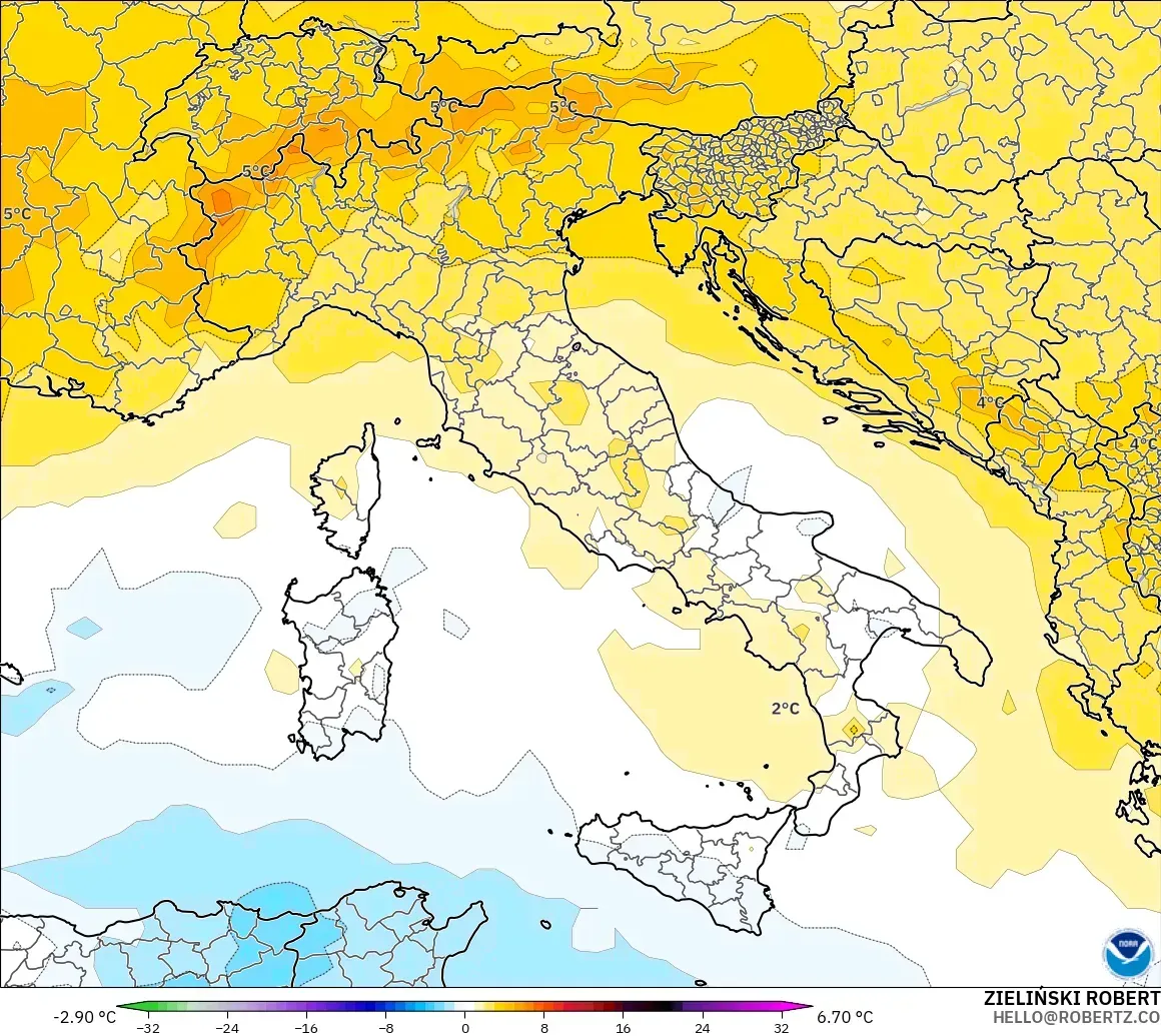 GFS modelo - Itália, Anomalia de temperatura a 850 hPa