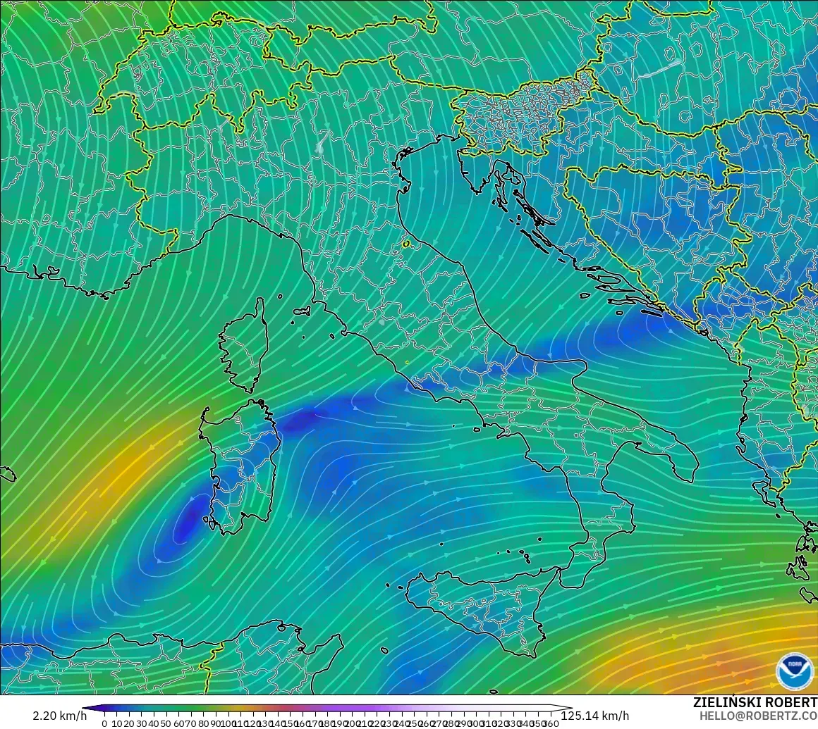 GFS modelo - Itália, Vento a 300 hPa (corrente em jato)