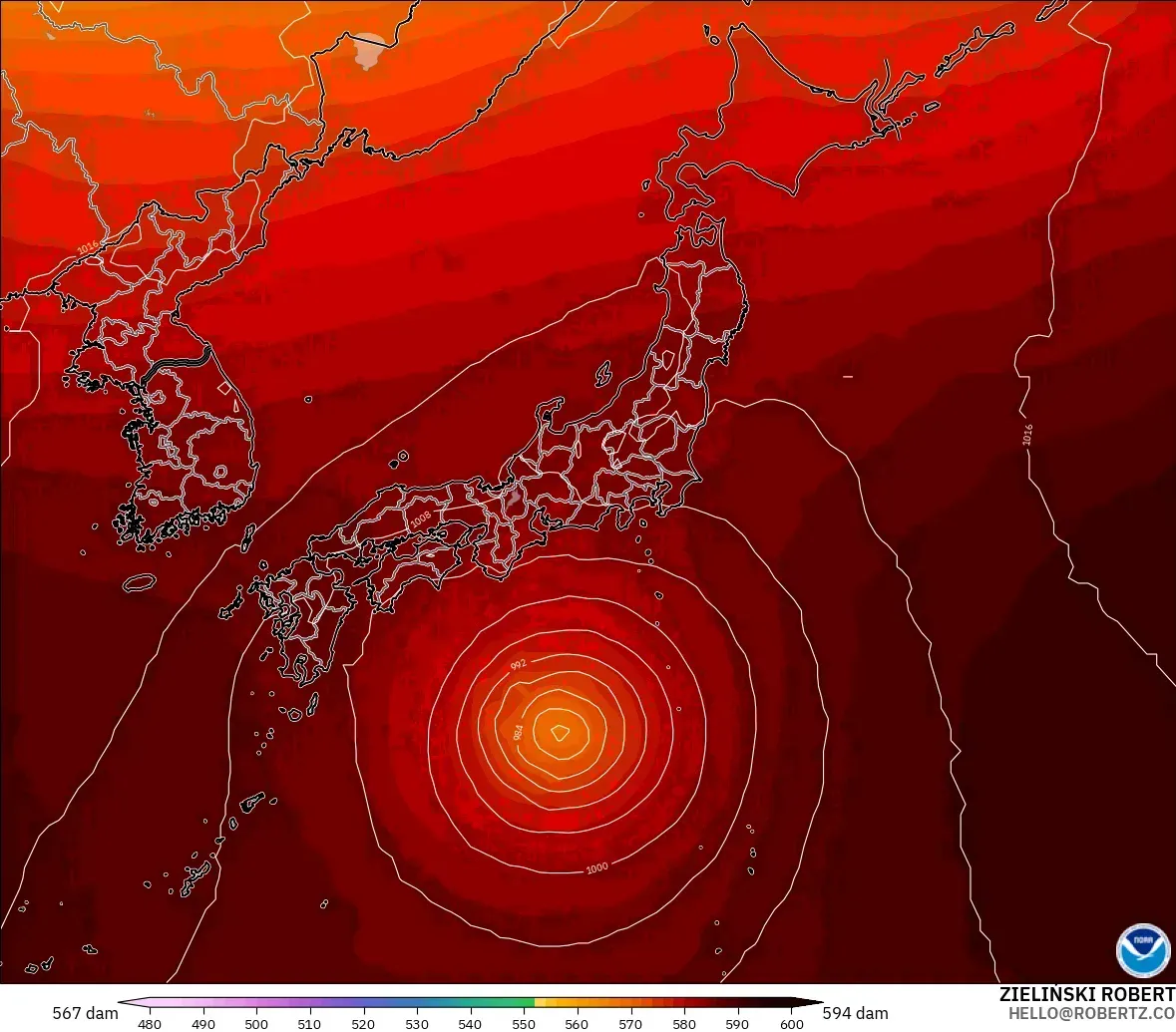 GFS modelo - Japão, Altura geopotencial a 500 hPa