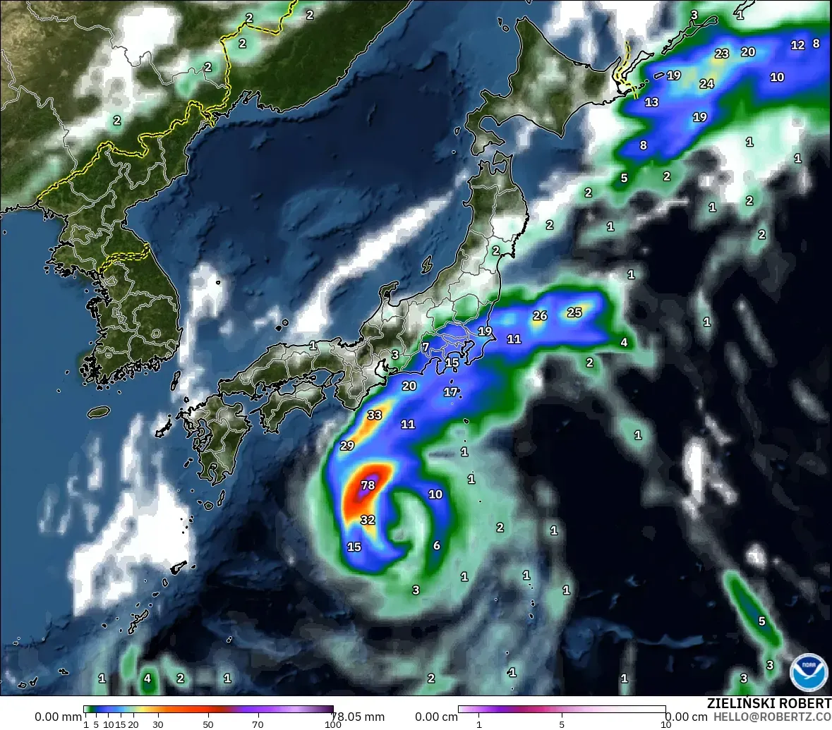 GFS modelo - Japão, Precipitação, nuvens e pressão