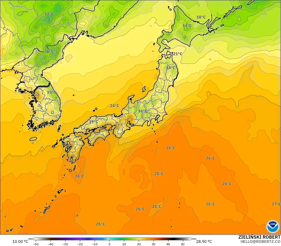 GFS modelo - Japão, Temperatura a 2 m