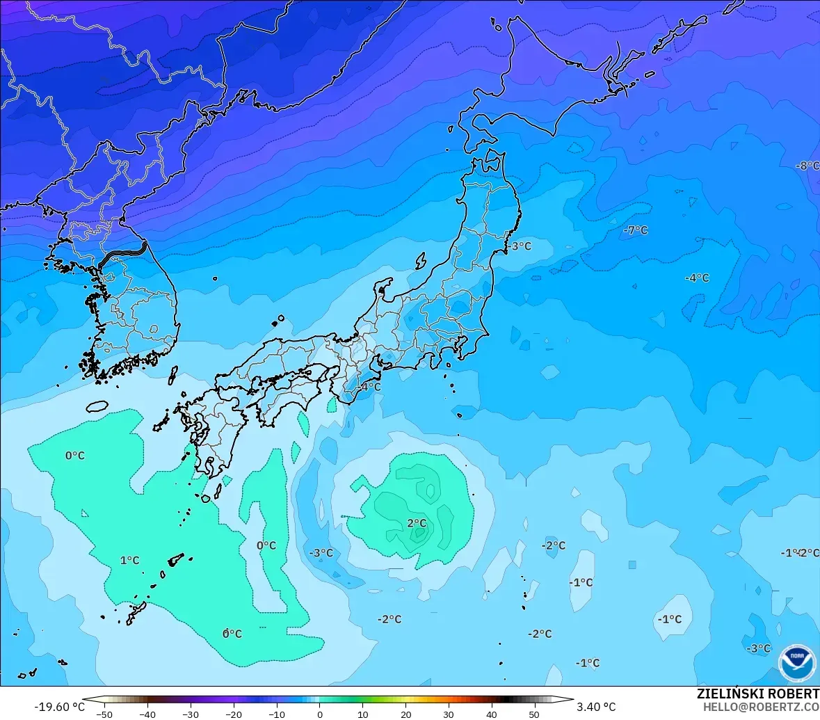 GFS modelo - Japão, Temperatura a 500 hPa