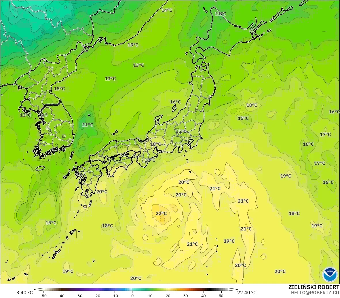 GFS modelo - Japão, Temperatura a 850 hPa