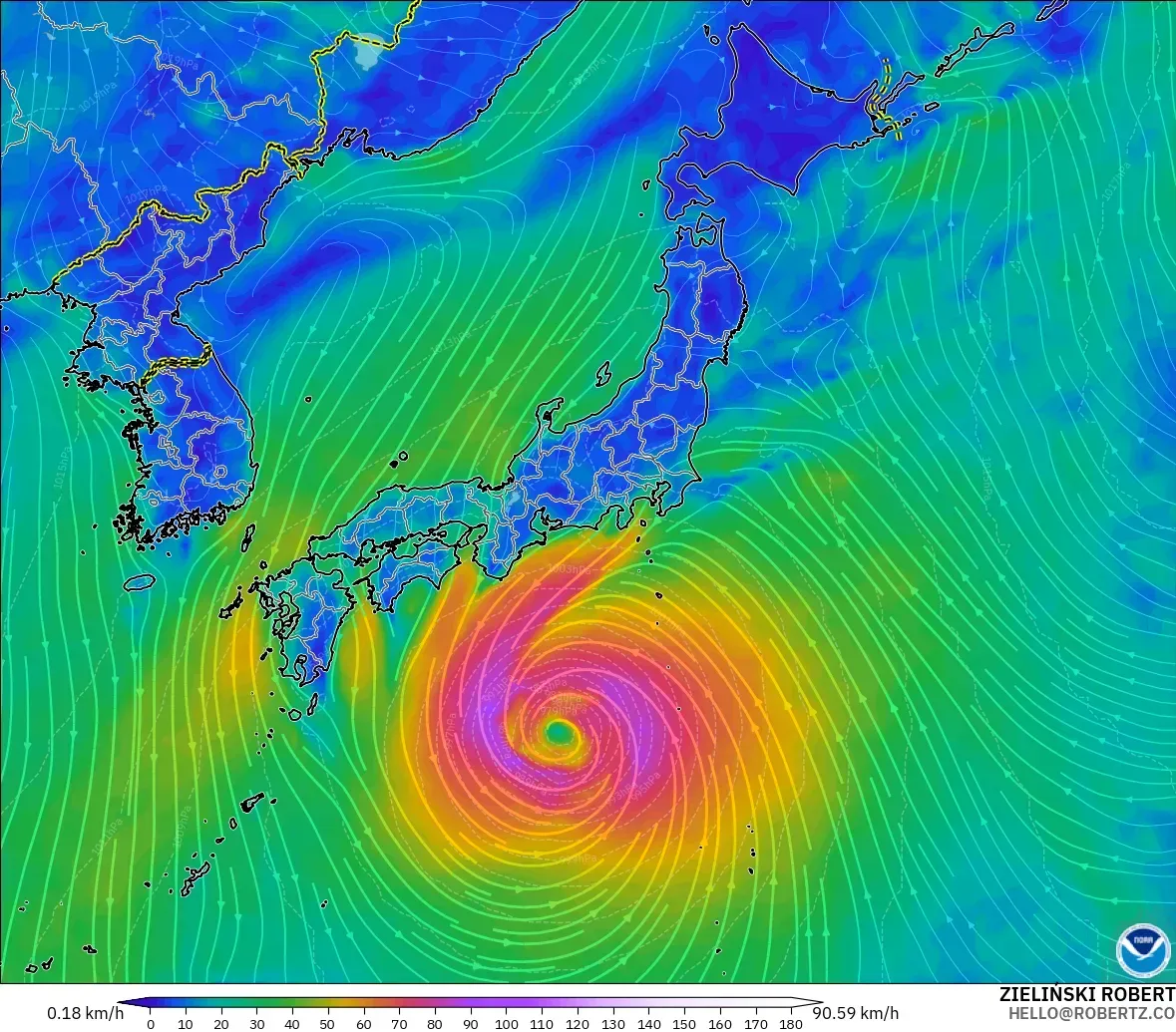 GFS modelo - Japão, Vento a 10 m