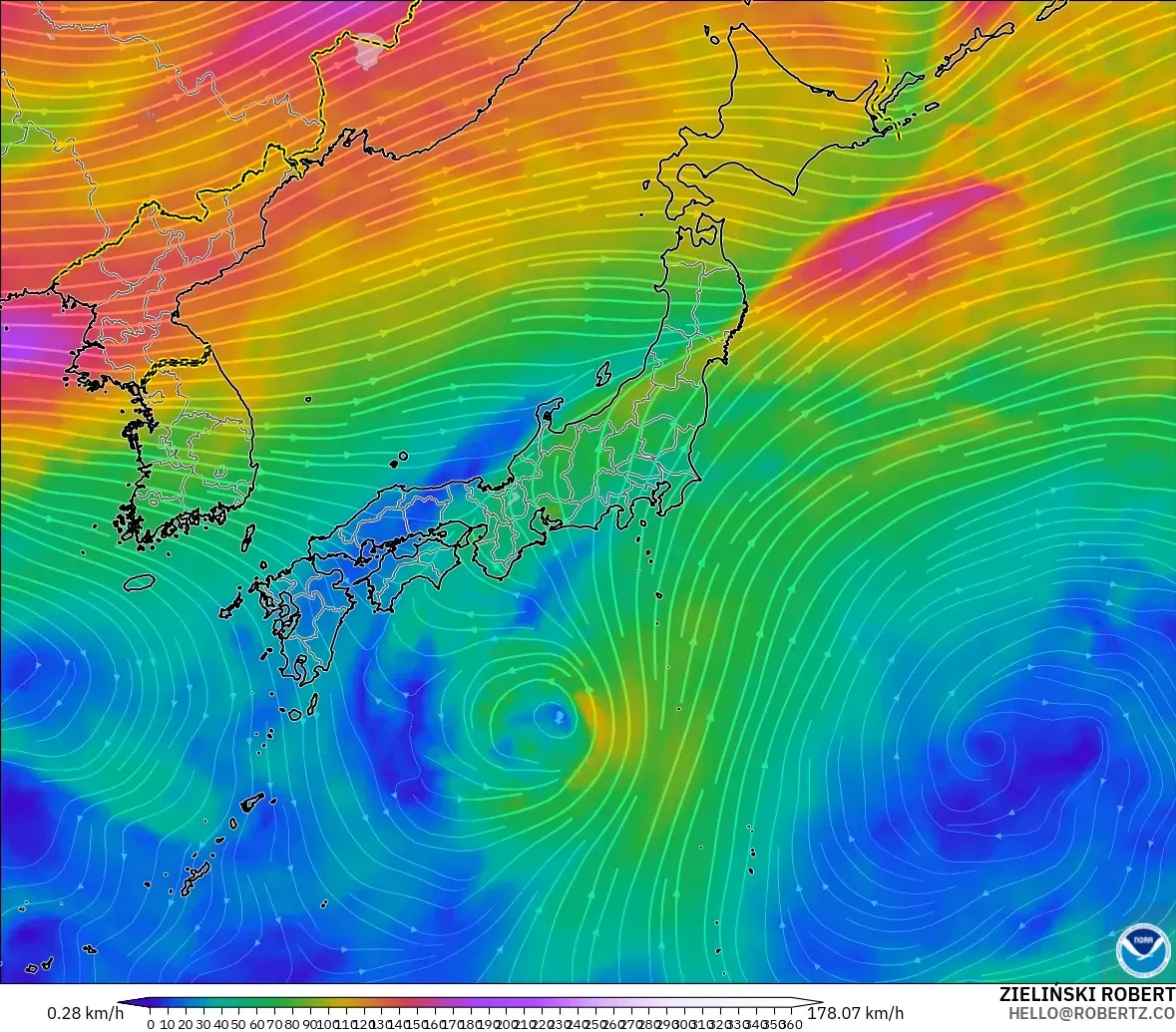 GFS modelo - Japão, Vento a 300 hPa (corrente em jato)