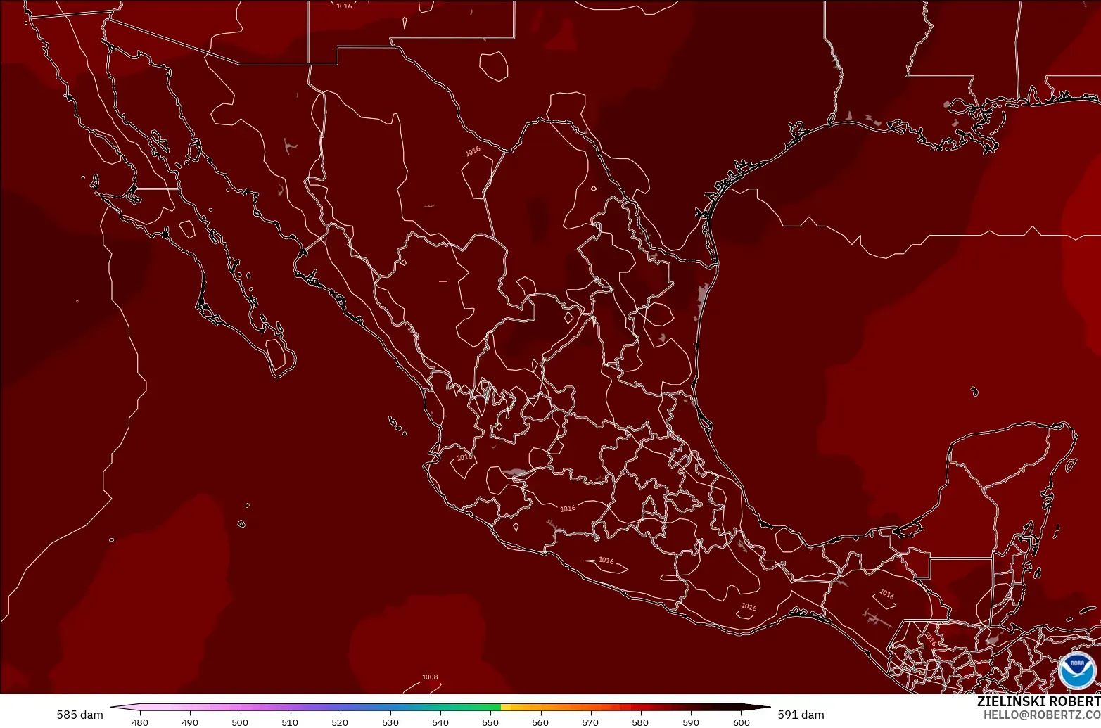 GFS modelo - México, Altura geopotencial a 500 hPa
