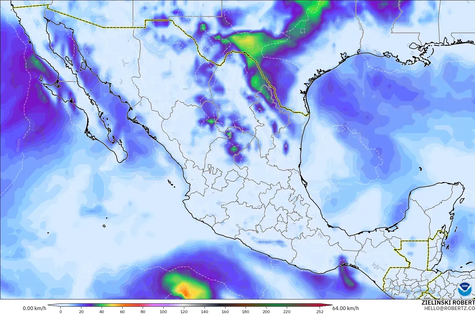 GFS modelo - México, Rajadas de Vento Máximas