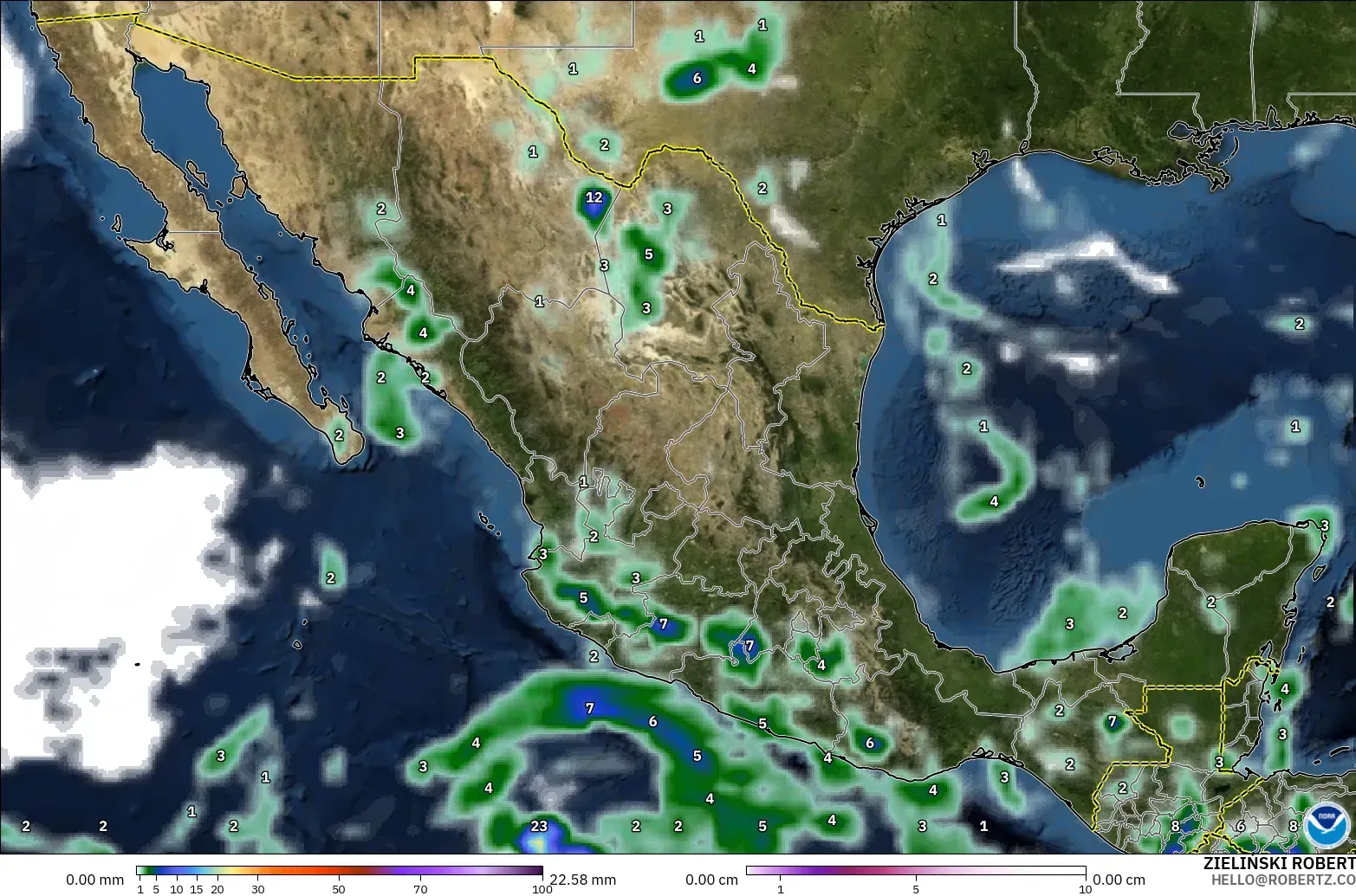 GFS modelo - México, Precipitação, nuvens e pressão