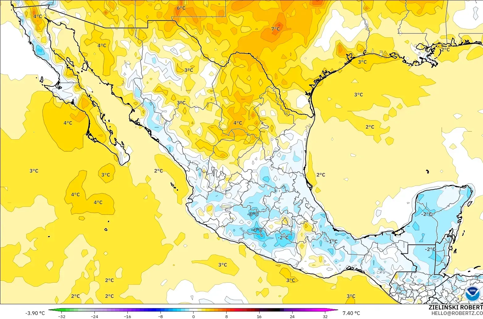 GFS modelo - México, Anomalia de temperatura a 2 m