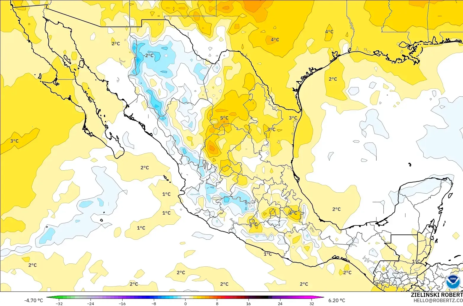GFS modelo - México, Anomalia de temperatura a 850 hPa