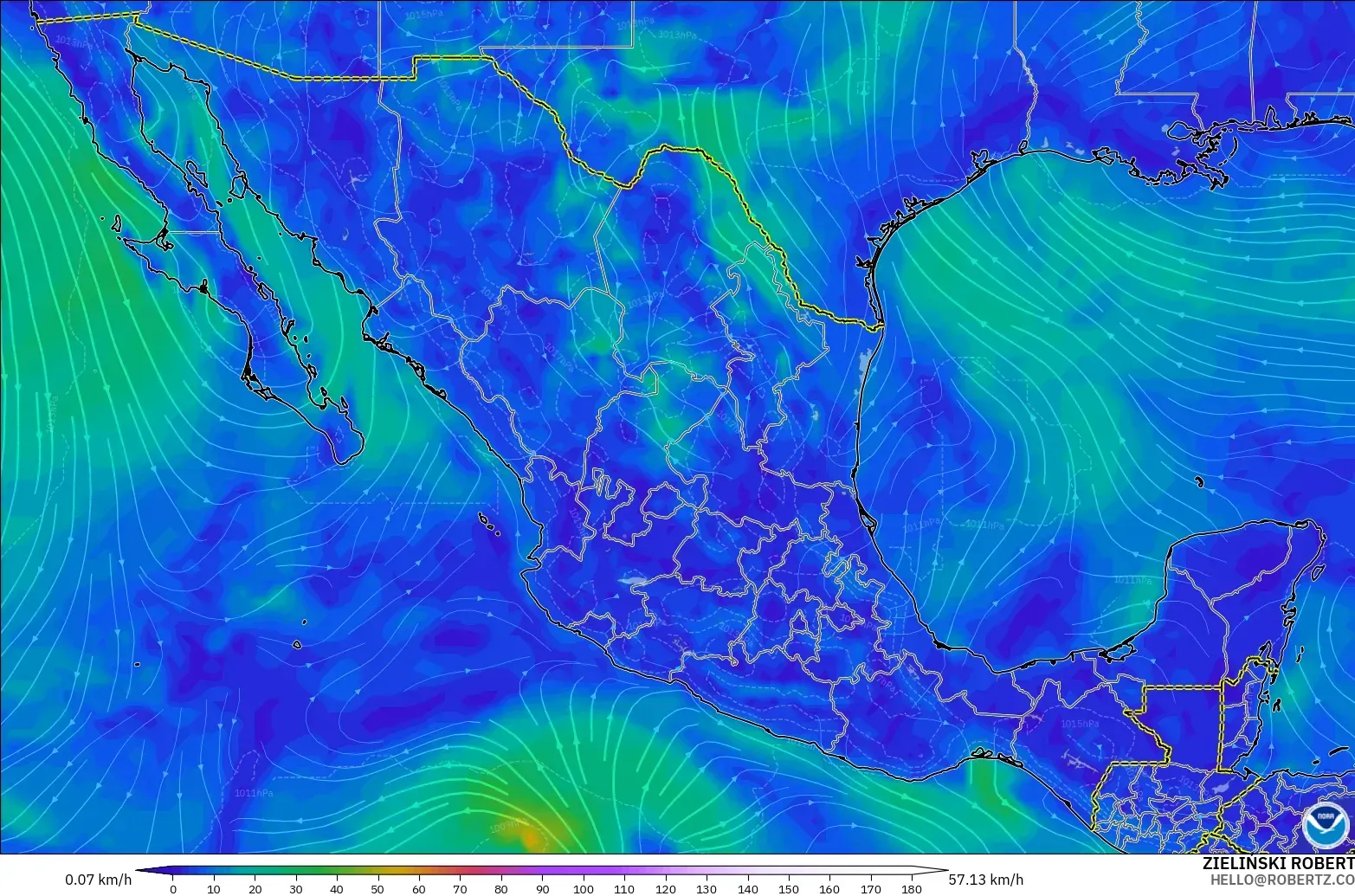 GFS modelo - México, Vento a 10 m