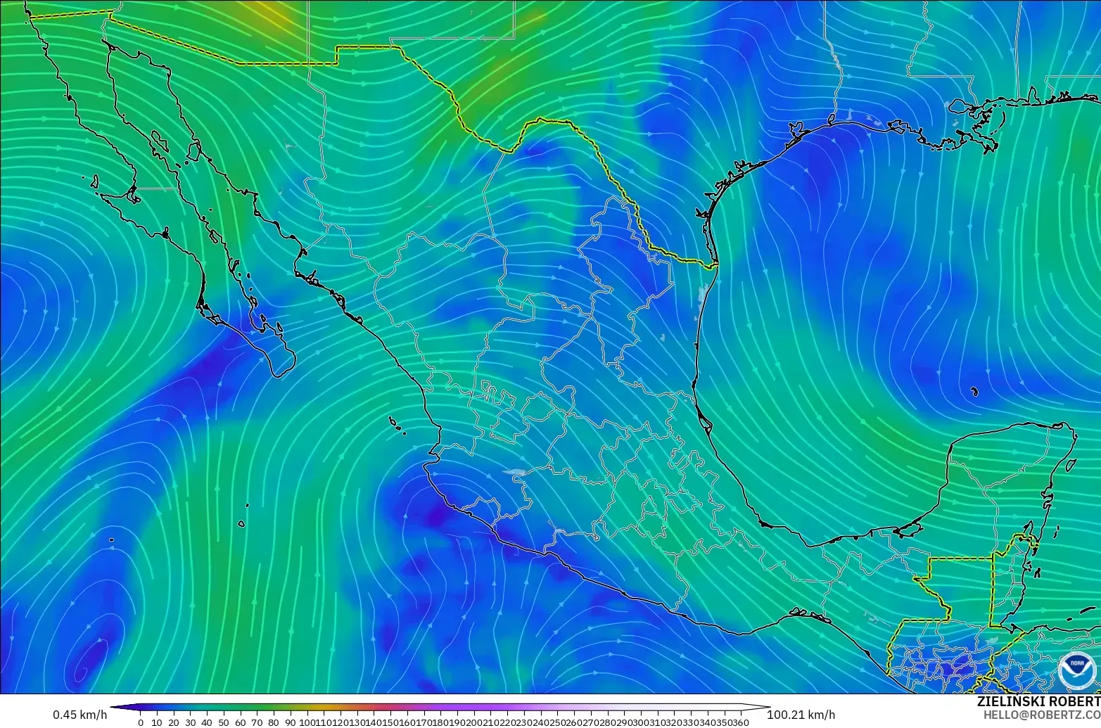 GFS modelo - México, Vento a 300 hPa (corrente em jato)