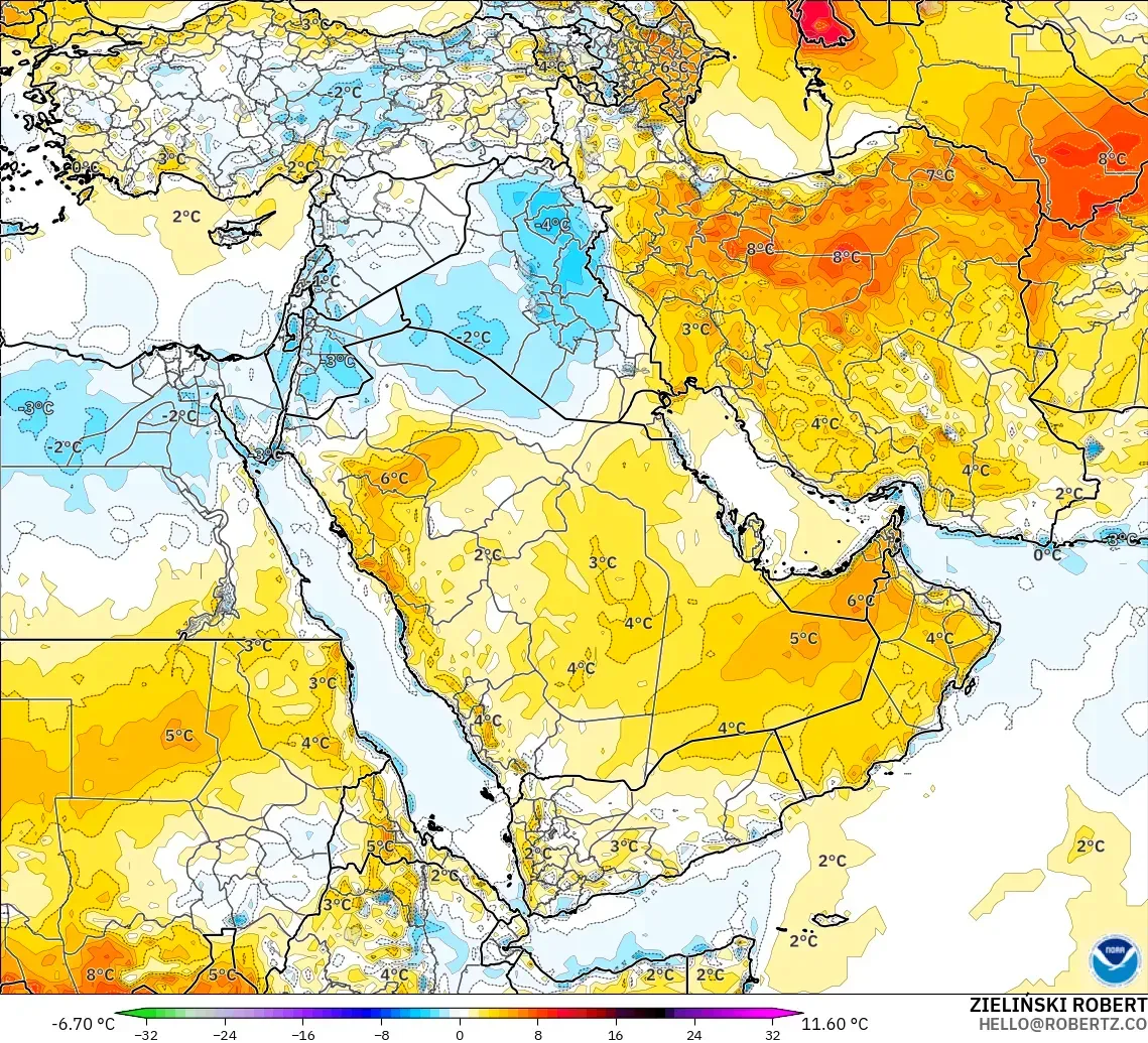 GFS modelo - Oriente Médio, Anomalia de temperatura a 2 m