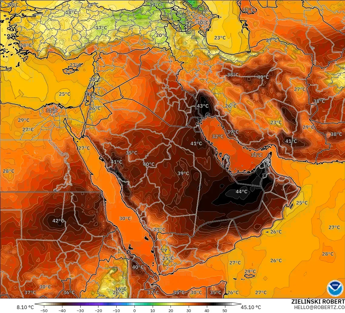 GFS modelo - Oriente Médio, Temperatura a 2 m