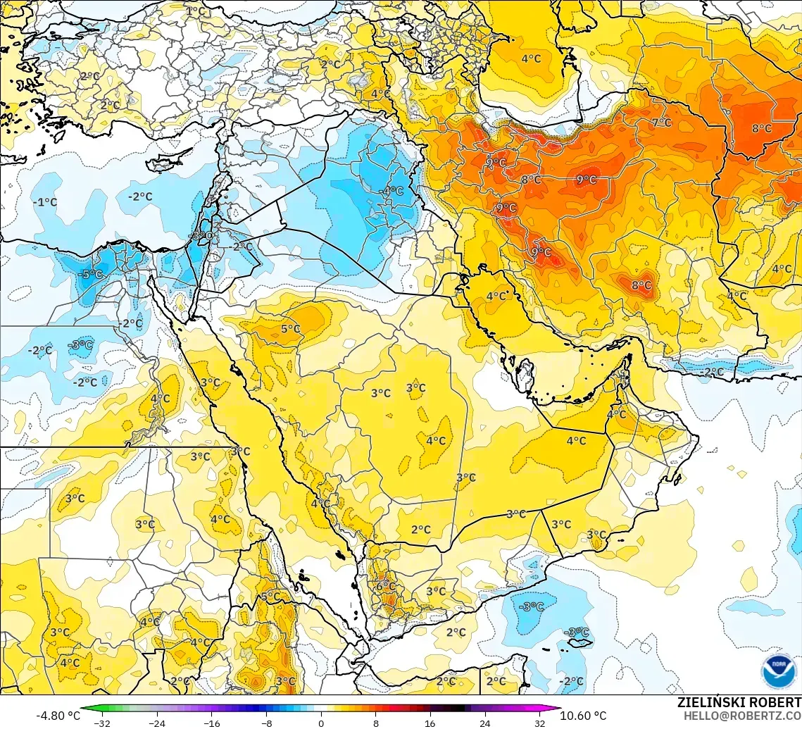 GFS modelo - Oriente Médio, Anomalia de temperatura a 850 hPa