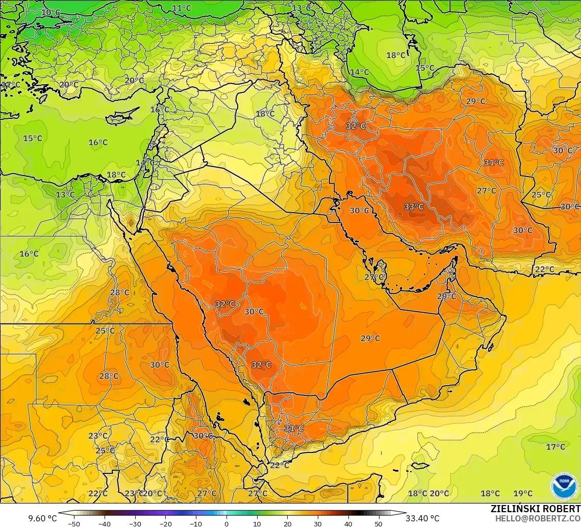 GFS modelo - Oriente Médio, Temperatura a 850 hPa