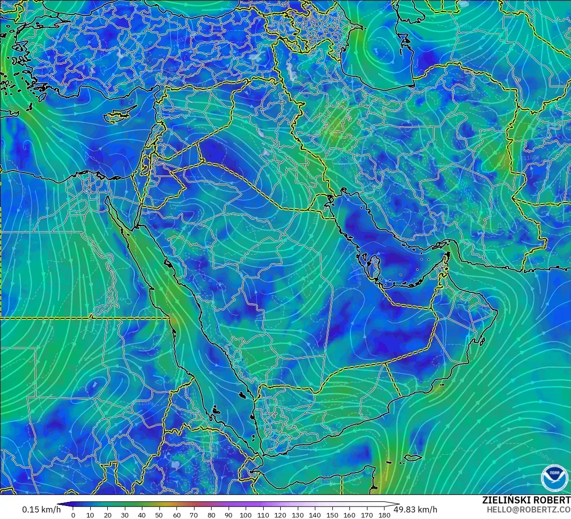 GFS modelo - Oriente Médio, Vento a 10 m