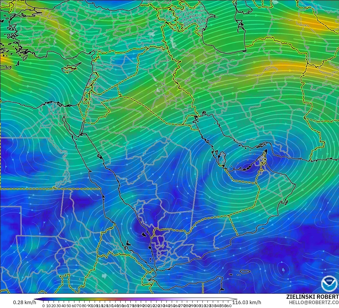 GFS modelo - Oriente Médio, Vento a 300 hPa (corrente em jato)