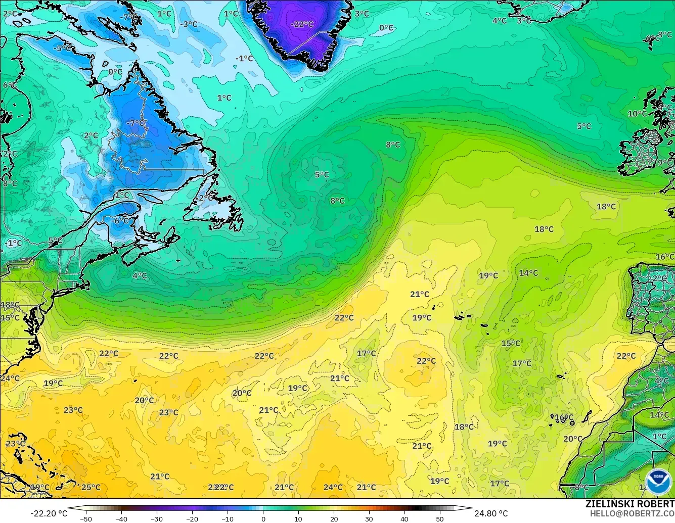 GFS modelo - Atlântico Norte, Ponto de orvalho a 2 m