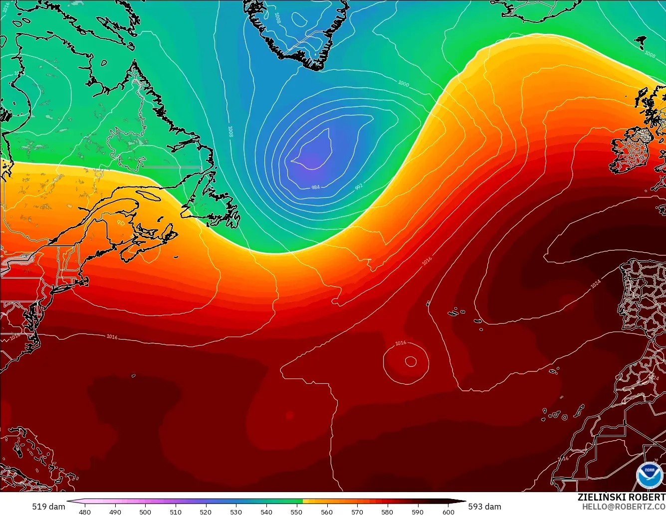 GFS modelo - Atlântico Norte, Altura geopotencial a 500 hPa