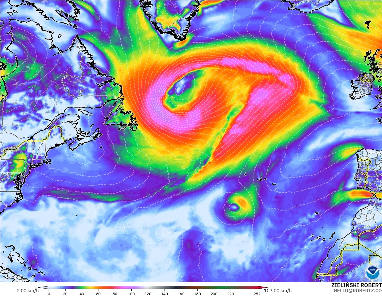 GFS modelo - Atlântico Norte, Rajadas de vento
