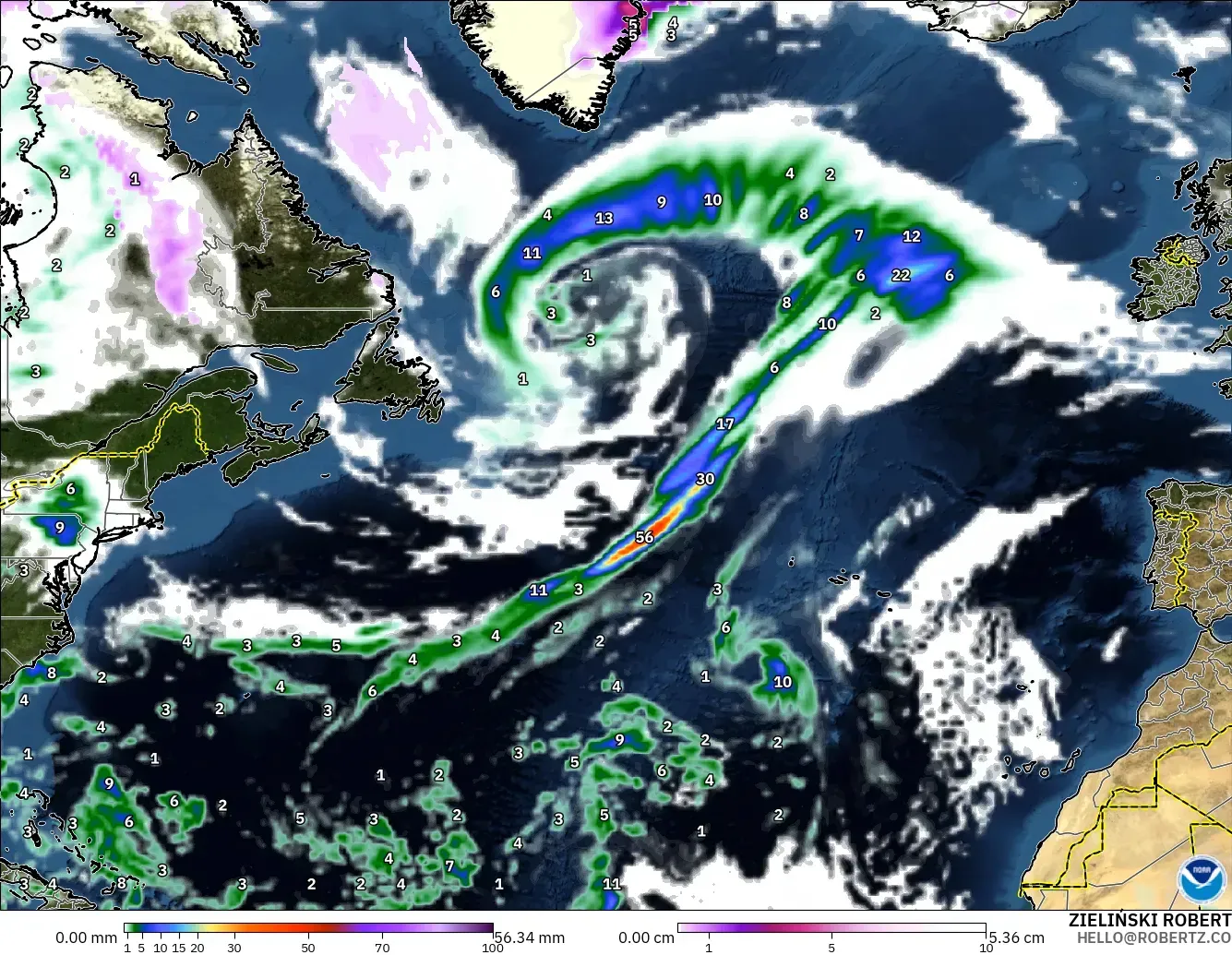 GFS modelo - Atlântico Norte, Precipitação, nuvens e pressão